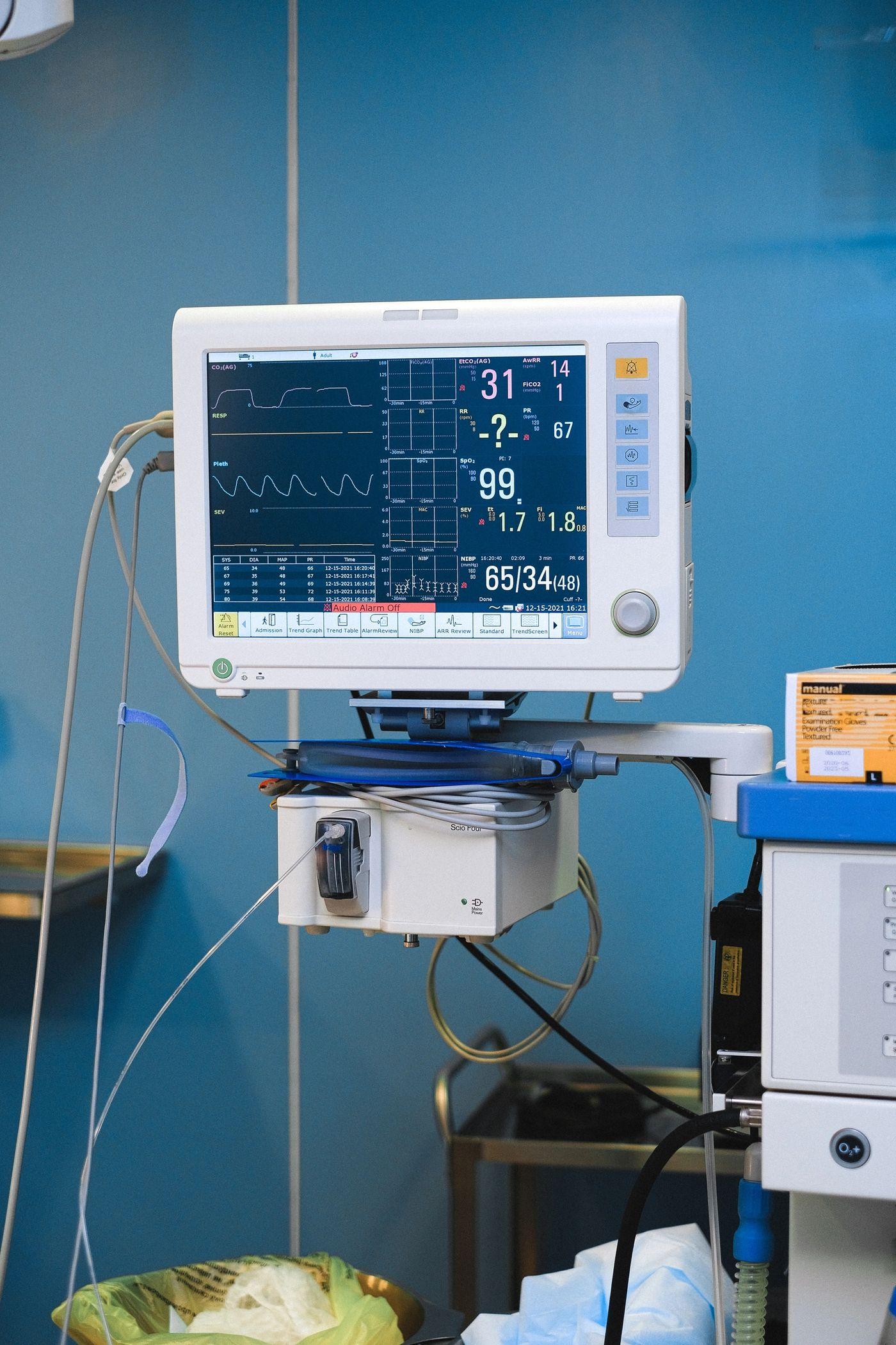 A medical vital-signs monitor displaying readings